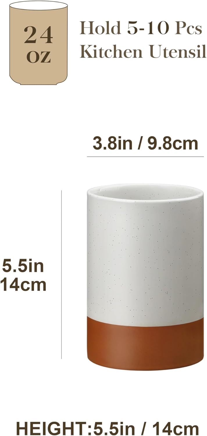 MALACASA Utensil Holder, 5.5" Ceramic Kitchen Utensil Holder for Countertop, Cooking Utensil Crock for Kitchen Counter, Farmhouse Utensil Organizer for Spatula & Spoon, Khaki Gray, Series TARA