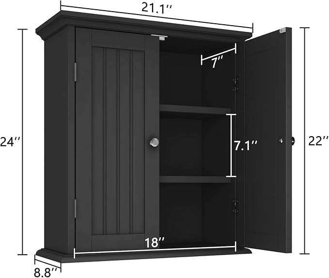 ChooChoo Bathroom Wall Cabinet, Over The Toilet Space Saver Storage Cabinet, Medicine Cabinet with 2 Door and Adjustable Shelves, Cupboard, Black