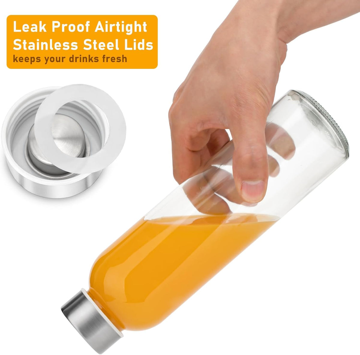 [10 Pack]18 oz Glass Water Bottles with Lids, Juice Bottles, Clear glass juice bottle for juicing, Eco-Friendly Reusable Glass Juicing Bottles with Stainless Steel Lid, BPA Free,Leak-Proof