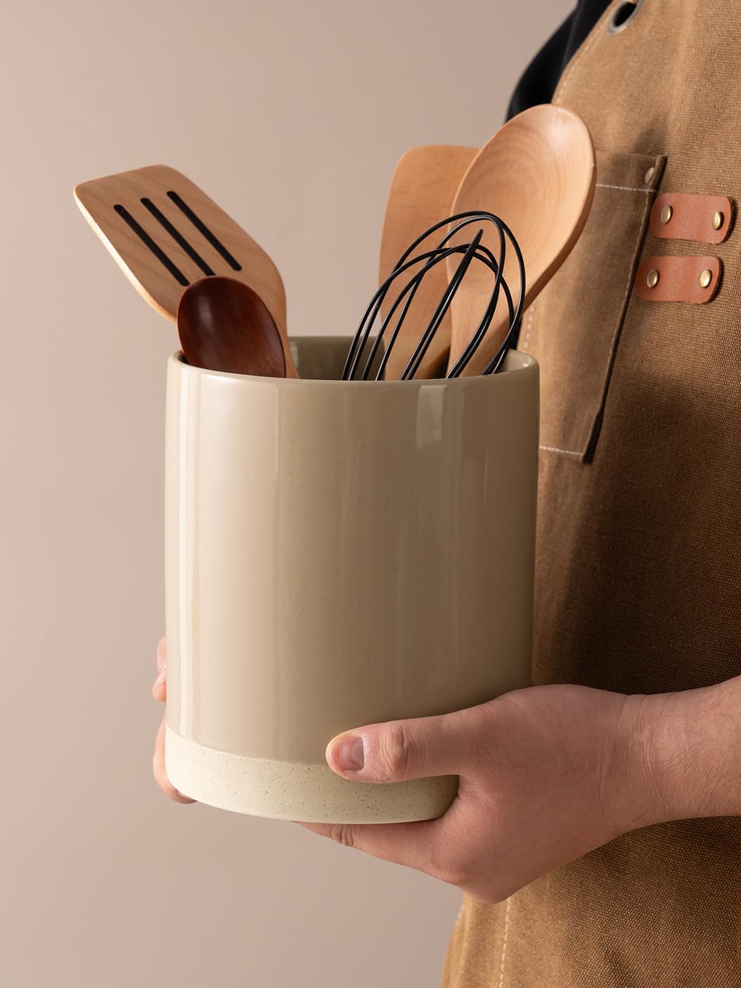famiware Milkyway Kitchen Utensil Holder for Countertop, 7.2"+5.8" Ceramic Cooking Utensil Crocks for Counter, Utensil Organizer for Spatula & Spoon, Kitchen Decor, Set of 2, Cinnamon Brown