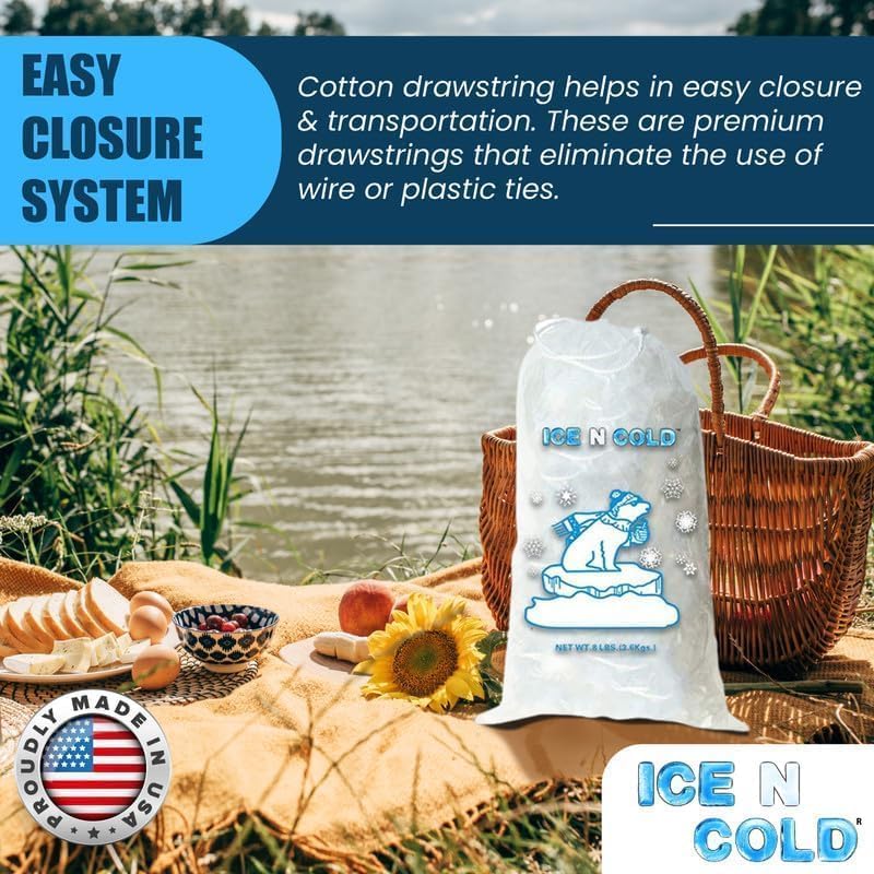 Ice Bags with Drawstring Closure | 20lb, 300ct/cs | 50 mic Thickness | Portable Storage and Freezer Keeper