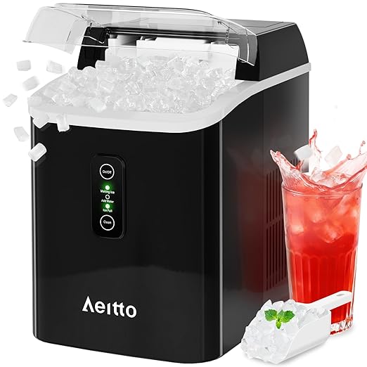 Aeitto Nugget Ice Maker Countertop, 42lbs/24H Ice Machine with 1.5L Water Tank, Rapid Ice Release in 6 Mins, Self-Cleaning Pebble Ice Maker with Basket and Scoop for Home Office RV and Party, Black