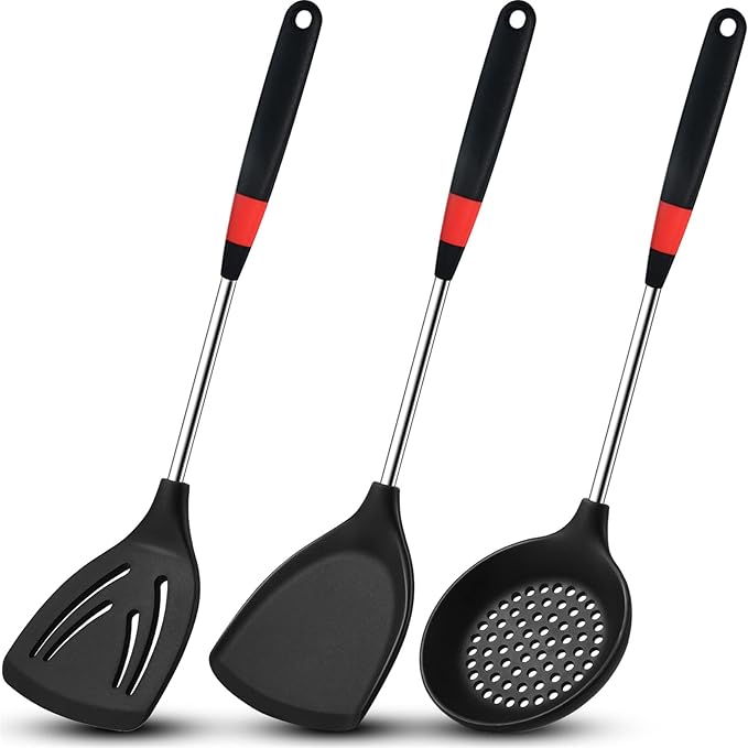 3 Pieces Silicone Stainless Steel Turner Spatula Set Includes Flexible Silicone Wok Spatula Slotted Spatula Skimmer Slotted Spoon for Nonstick Cookware Cooking Baking Supplies