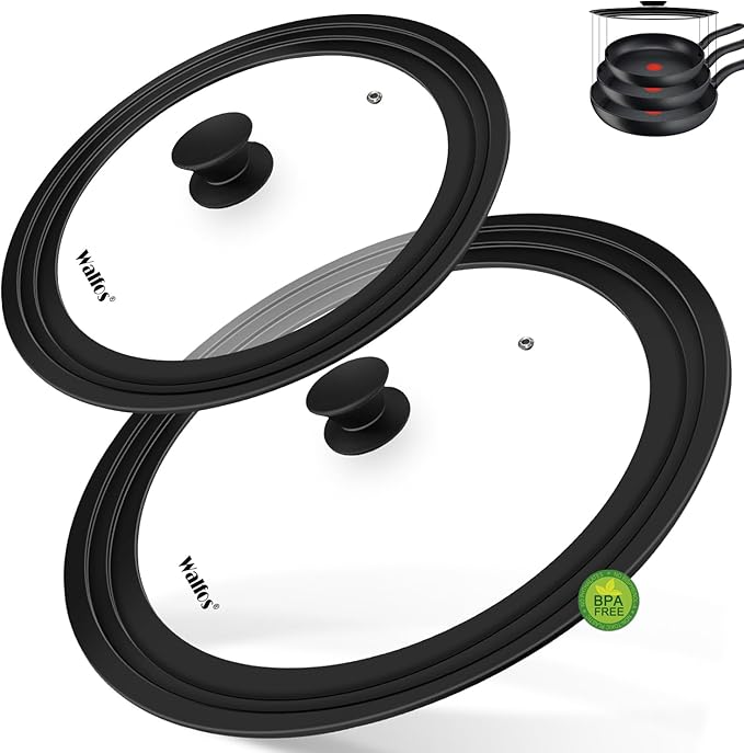 Walfos Universal Lid, Tempered Pan Lid with Heat Resistant Silicone Rim, Fits All 7" to 12" Diameter Cookware, Pots, Pans and Skillets (2Pk)