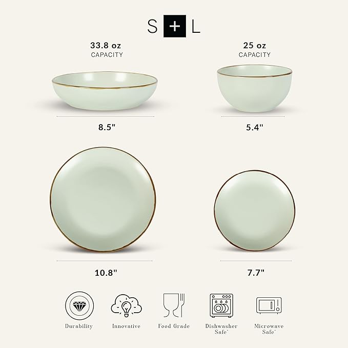Stone Lain, Stoneware, Service for 4, Light Green, Plates and Bowls Sets, Dinnerware Set with 4 Dinner - & 4 Salad Plates, 4 Pasta - & 4 Round Bowls, Dishwasher & Microwave Safe, 16-Piece