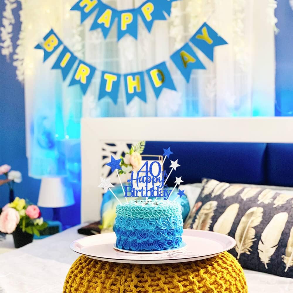 Glittery 40th Happy Birthday Cake Topper with Star,Personalised 40 Birthday Cake Toppers Party Decorations Party Supplies for Men Women Blue