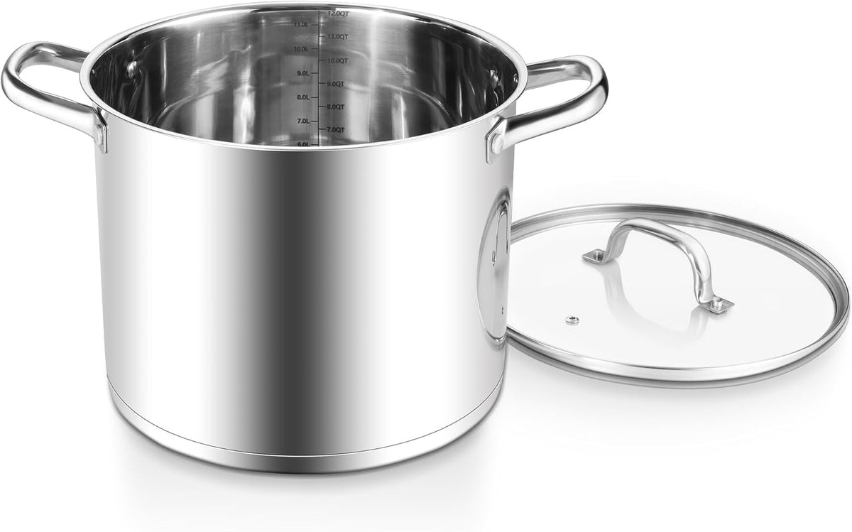 E-far 12 Quart Cooking Stock Pot, Large Stainless Steel Pot for Canning Simmering Stewing, Heavy Duty Cookware with Tri-ply Base for Induction Gas Stoves, Soup Pots with Glass Lid, Dishwasher Safe