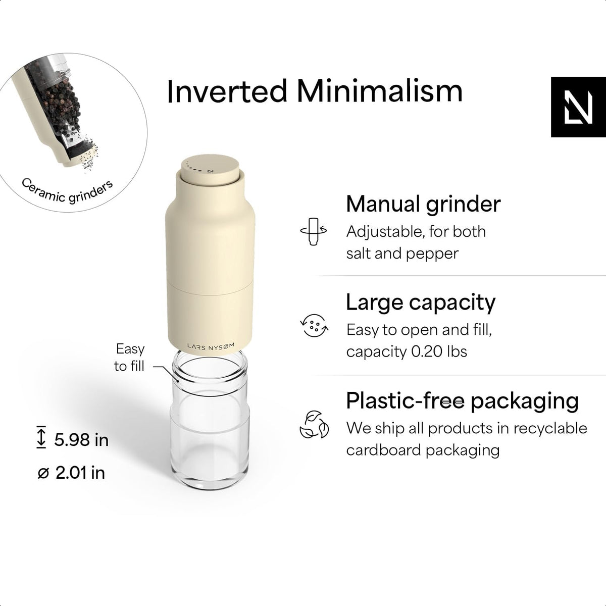 LARS NYSØM Salt and Pepper Grinder Set, Stainless Steel Manual Salt and Pepper Mills, Adjustable Ceramic Grinder, Design Spice Shakers (Almond Beige)