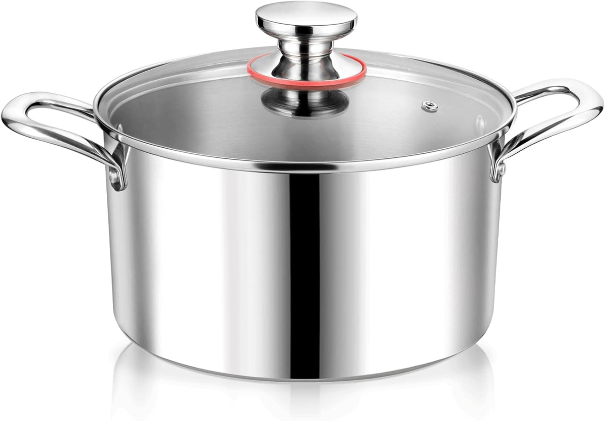 P&P CHEF 4 Quart Tri-Ply Stainless Steel Stock Pot, 4 Qt Stockpot Pasta Cooking Pot with Visible Lid for Soup Vegetable, Induction Cookware for All Stoves, Sturdy & Double Handle, Dishwasher Safe