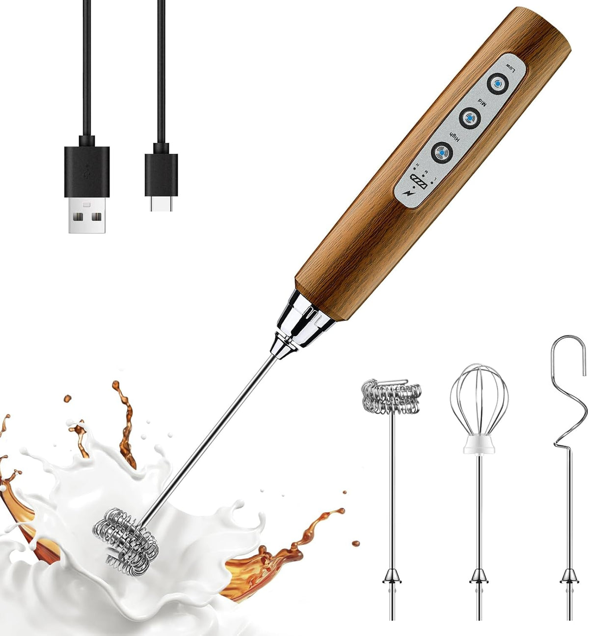 YUSWKO Wood Grain Handheld Milk Frother Wand for Coffee, Rechargeable Electric Whisk with 3 Heads 3 Speeds Drink Mixer Coffee Frother For Latte, Cappuccino, Hot Chocolate, Egg