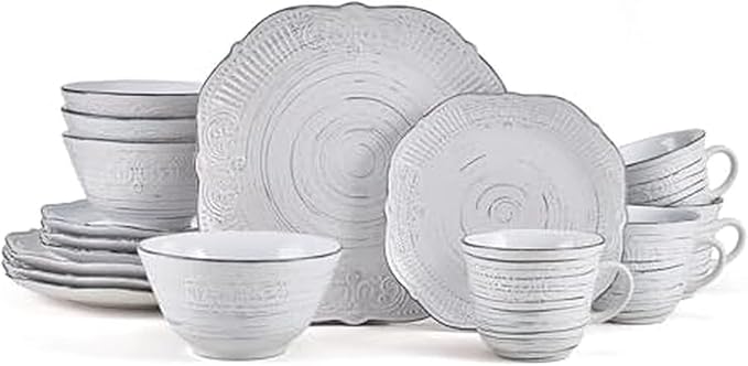 Pfaltzgraff Isabella 16-Piece Stoneware Dinnerware Set, Service for 4 - Handpainted Unique Glazed Finish - Includes Dinner Plates, Salad Plates, Bowls, Mugs - Dishwasher & Microwave Safe (Gray)