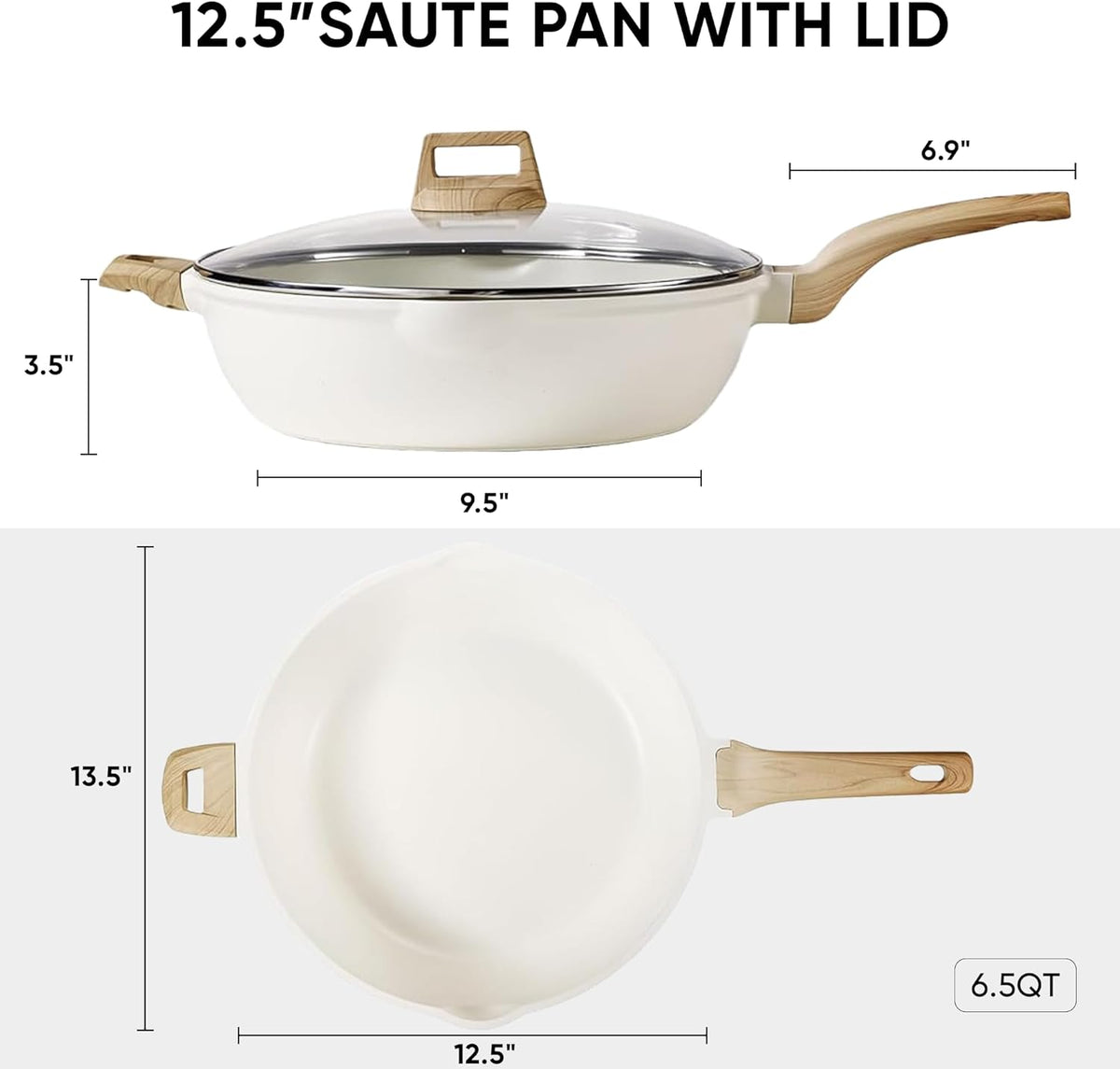 CAROTE 12.5Inch Nonstick Deep Frying Pan with Lid, 6.5 Qt Jumbo Cooker Saute Pan with Pour Spout, Skillet Induction Cookware, Non Stick Cooking Pan Kitchen Pan PFOA Free, White Granite
