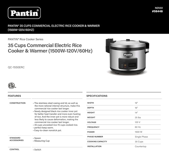 Pantin Commercial Rice Cooker & Warmer - 35 Cups Uncooked / 70 Cups Cooked, Extra Large Capacity Rice Cooker with Nonstick Inner Pot & Switch Press, 120V/1500W, ETL Listed