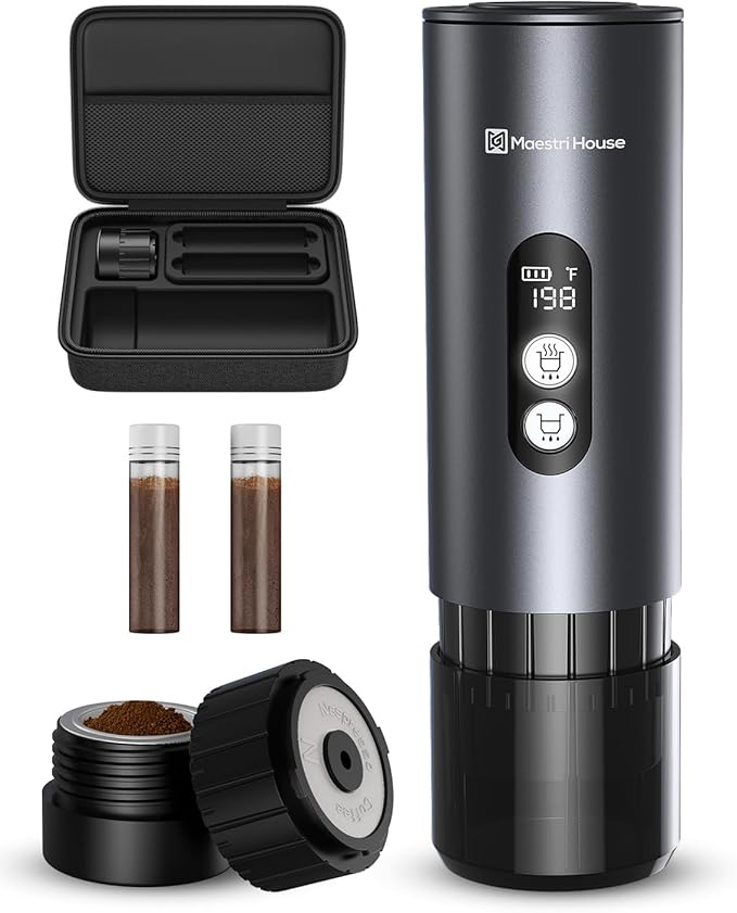 Maestri House 150W Espresso Maker with 2-3 Min Fast Self-Heating, Portable Travel Espresso Coffee Machine with Bag, Small Tea Cup Also Holder for NS Capsule & Ground Coffee for Car Camping, RV, Hiking