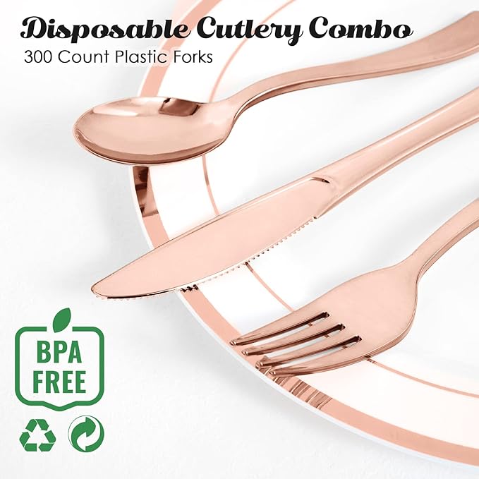 FOCUSLINE 300 Pack Disposable Rose Gold Plastic Forks, Solid and Durable Plastic Cutlery Forks, Heavy Duty Disposable Utensil Silverware for Catering, Parties, Dinners, Weddings