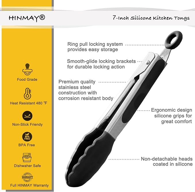 Small Silicone Tongs 7-Inch Mini Serving Tongs, Set of 3 (Black Gray White)