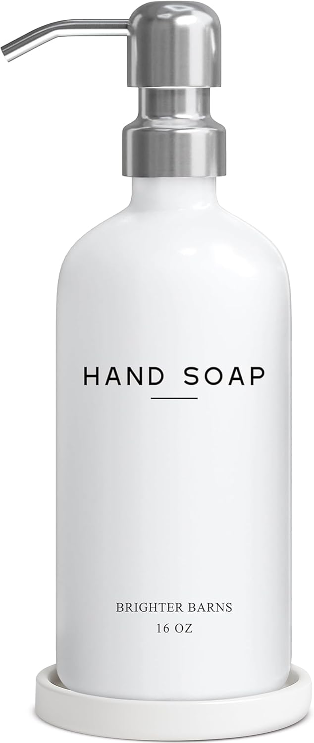 White Glass Hand Soap Dispenser Bathroom Set by Brighter Barns - Bathroom Soap Dispenser Set with Ceramic Tray - Refillable Glass Bottle Pump - Modern Home Decor for Airbnb, Hotel, Restaurants (White)