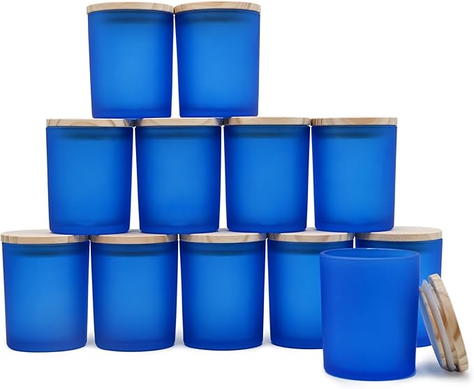 Thick Candle Jars for Making Candles 12 Pcs, 7 OZ Empty Jars with Wood Lids for Candle Making, Sample Container, Frosted Blue