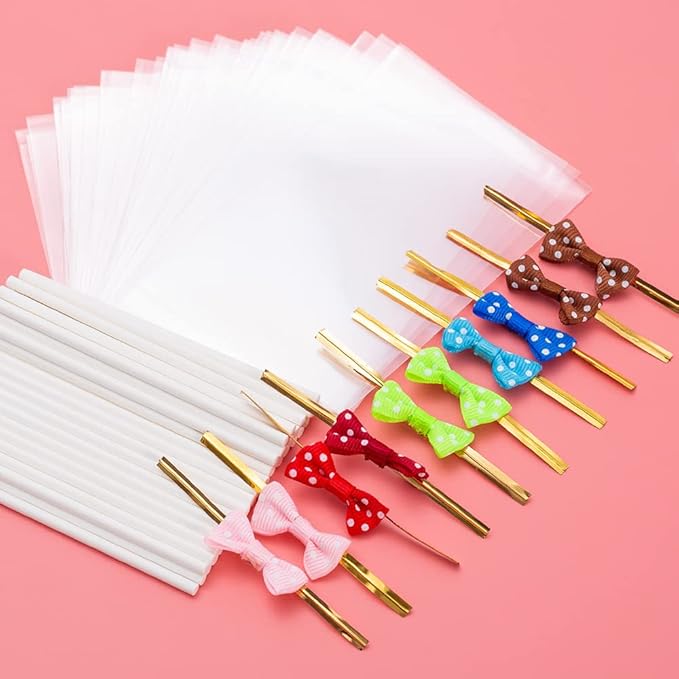 SOTMALTK 320Pcs Cake Pop Sticks and Wrappers Kit, 6inch Lollipop Sticks with Cake Pop Bags and Metallic Twist Ties Bow, Perfect for Making Lollipops,Candies,Chocolates and Cookies - Great for Parties