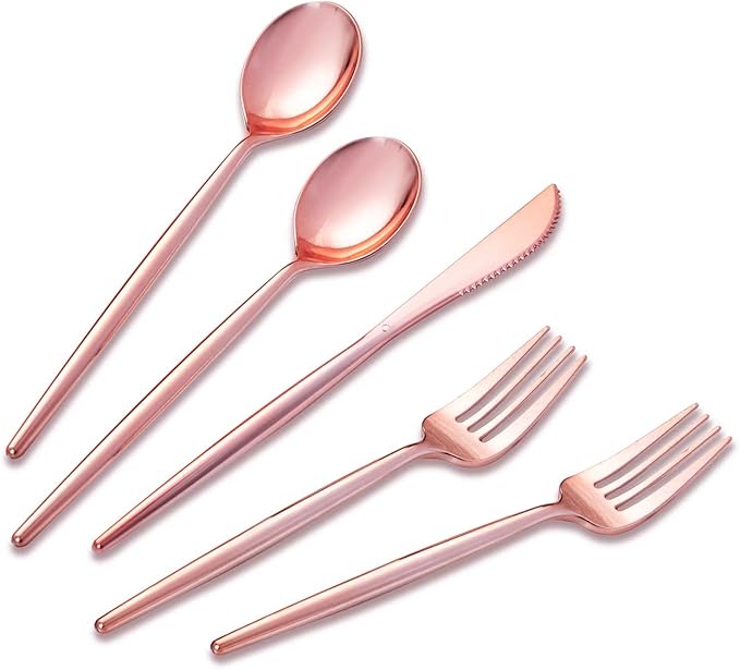 SUT 150Pcs Rose Gold Plastic Silverware, Disposable Cutlery Set, Heavy Duty Plastic Flatware Set，Disposable Rose Gold Utensils Include 50 Forks,50 Spoons, 50 Knives Perfect for Party