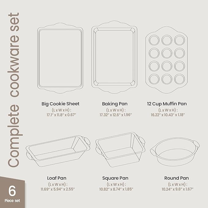 BAKKEN Kitchen Baking Pan Set - Nonstick Green Marble Coating, Carbon Steel Bakeware Sets with Green Silicone Handles, Kitchen Essentials, PFOA, PFOS, PTFE Free, Oven Safe (Up To 450° F), Set of 6