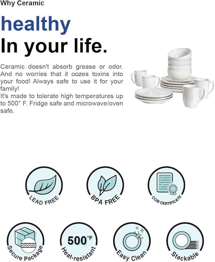 LE TAUCI 16 Piece Dinnerware Set, Arctic White, Stoneware Plates and Bowls With Mugs, Ideal for 4, Serve for 4, Stackable, Lead and Cadmium Free
