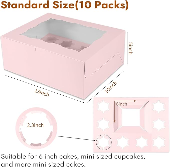 Pink 1+8 paper box 10pcs Bakery Boxes with Window,Stackable Cake and Cupcake Carriers, for Birthdays & Parties (Pink, 1+8(10Pack))