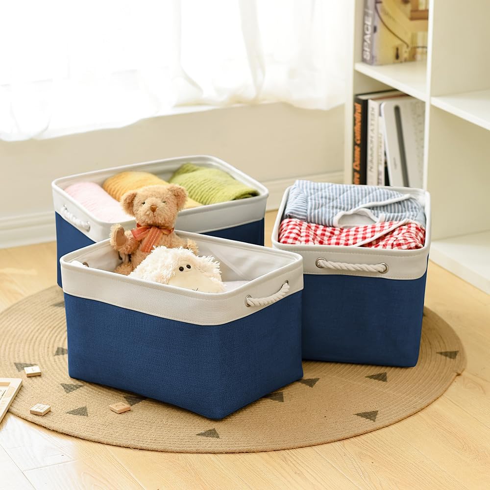 TheWarmHome Organization and Storage for Organizing - 3 Pack 16x12x12 inch Cube Storage Bin for Shelves, Fabric Storage Cubes for Closet Cloth Organizer Gift Toy (White & Jean Blue)