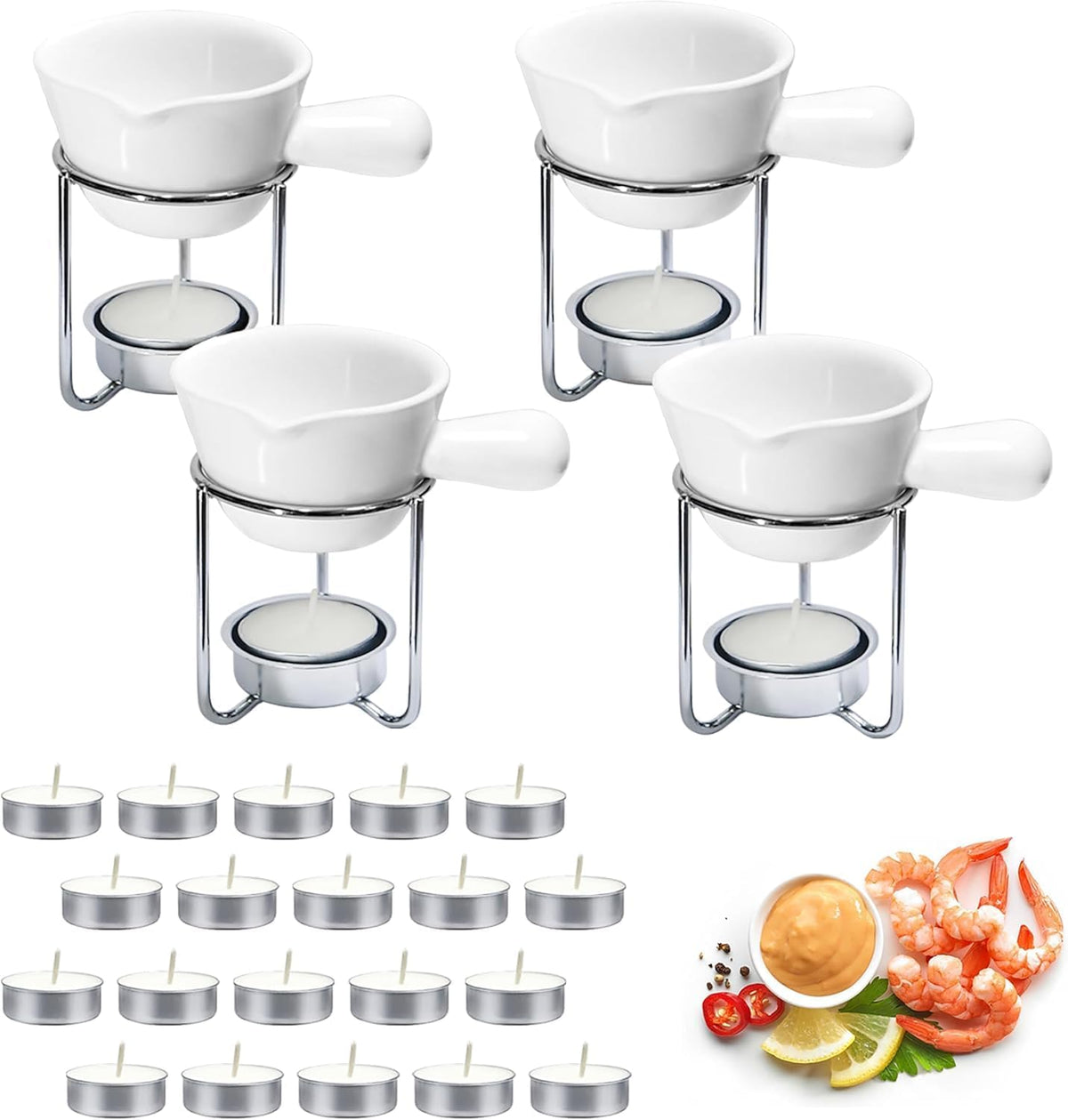 Reasim Butter Warmer for Seafood Set of 4,Lobster Butter Warmer Crab Butter Warmer Set with 20 Pcs Tealight Candles,Ceramic Drawn Butter Melter for Chocolate Cheese,Fondue Seafood Boil Party supplie