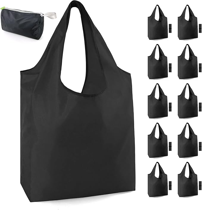 BeeGreen 10 Pack Black Reusable Grocery Bags with Storage Pouch Reusable Shopping Bags Bulk with Elastic Band 50LBS X-Large-Foldable-Washable-Heavy Duty-Waterproof Grocery Tote Bags