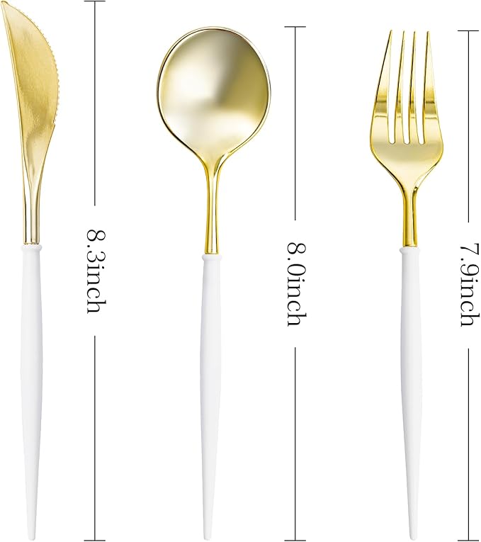 N9R 150Pcs Gold Plastic Silverware-Gold Disposable Utensils with White Handle-Disposable Silverware Heavy Duty with 50 Spoons, 50 Forks, 50 Knives for Party，Birthday and Everyday Use