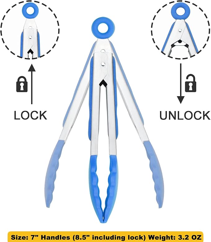Small Tongs with Silicone Tips 7-Inch Serving Tongs, Set of 3 (Blue)
