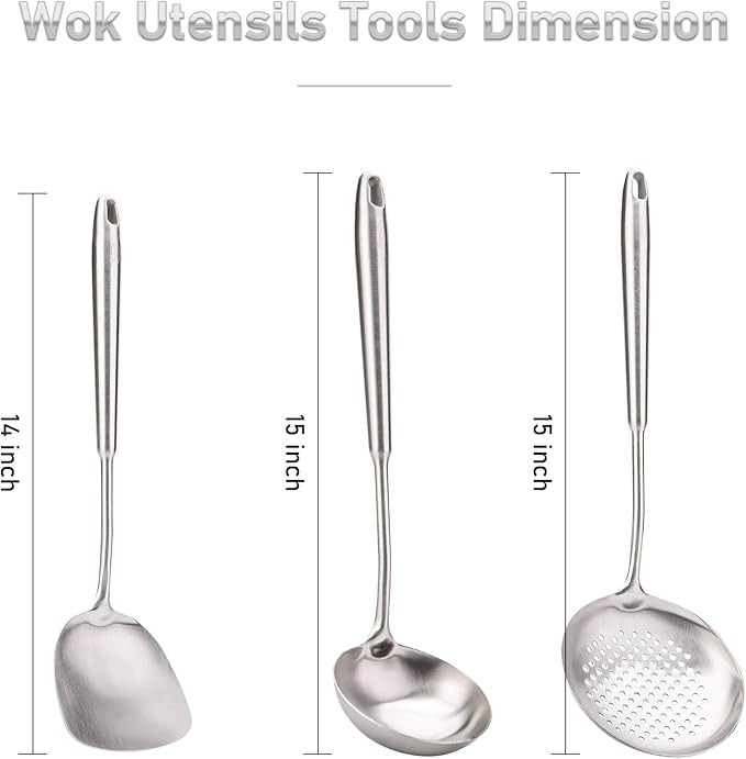 FJNATINH 4-Pieces 304 Stainless Steel Wok Spatula Set,Cooking Utensil Set,Soup Ladle Colander,Nonstick Kitchen Cooking Utensils Set with Spatula,Kitchenware Tools