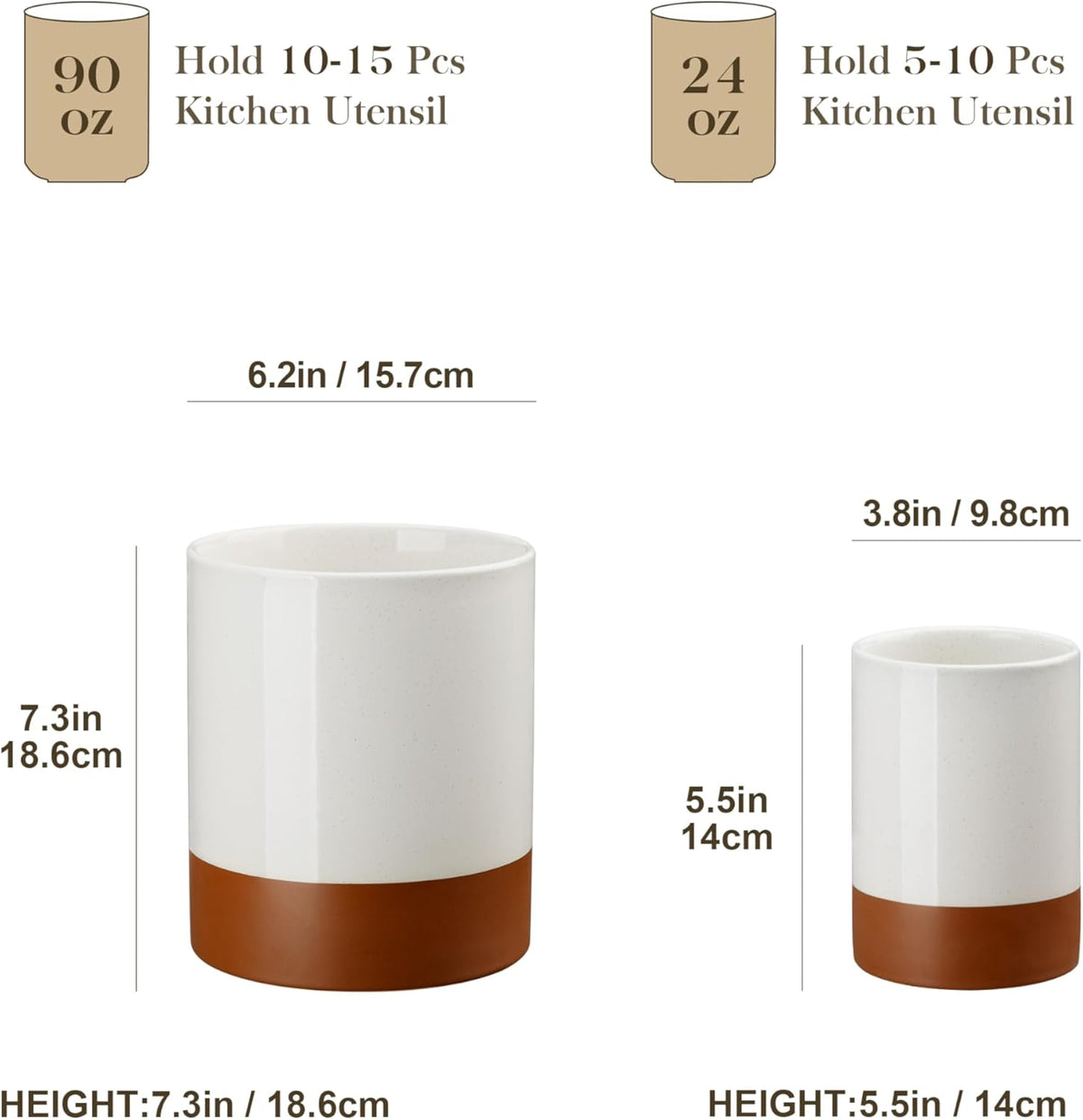 MALACASA Utensil Holder, 7.3"+5.5" Ceramic Kitchen Utensil Holder for Countertop, Large Cooking Utensil Crocks for Kitchen Counter, Farmhouse Utensils Organizer, Set of 2, Khaki White, Series TARA