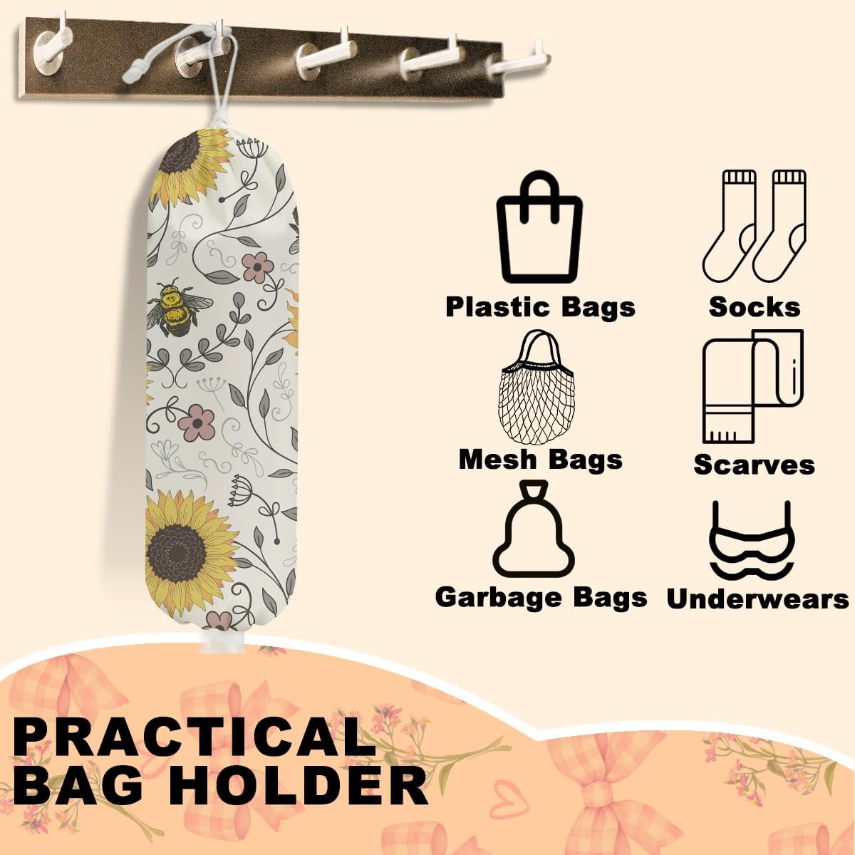Cute Bee Plastic Bag Holder, Wall Mount Grocery Bag Holder for Plastic Bags, Vintage Rustic Sunflower Large Reusable Grocery Bags Storage Dispenser for Home Kitchen Pantry, Sunflower Gifts for Women