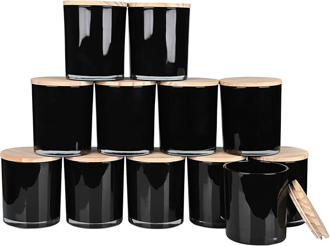 Thick Candle Jars for Making Candles 12 Pcs, 14 OZ Empty Jars with Wood Lids for Candle Making, Sample Container, Black