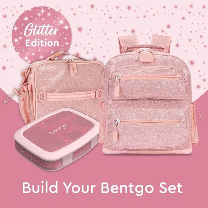 Bentgo Kids 5-Compartment Lunch Box - Glitter Design for School, Ideal for Ages 3-7, Leak-Proof, Drop-Proof, Dishwasher Safe, & Made with PFAS & BPA-Free Materials (Glitter Edition - Petal Pink)
