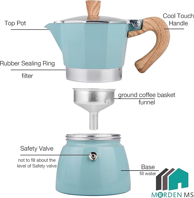 MORDEN MS Moka Pot, Stovetop Espresso Maker 6 Cup/10 OZ Italian Coffee Maker Camping Coffee Pot Manual Cuban Coffee Percolator for Cappuccino or Latte - Blue