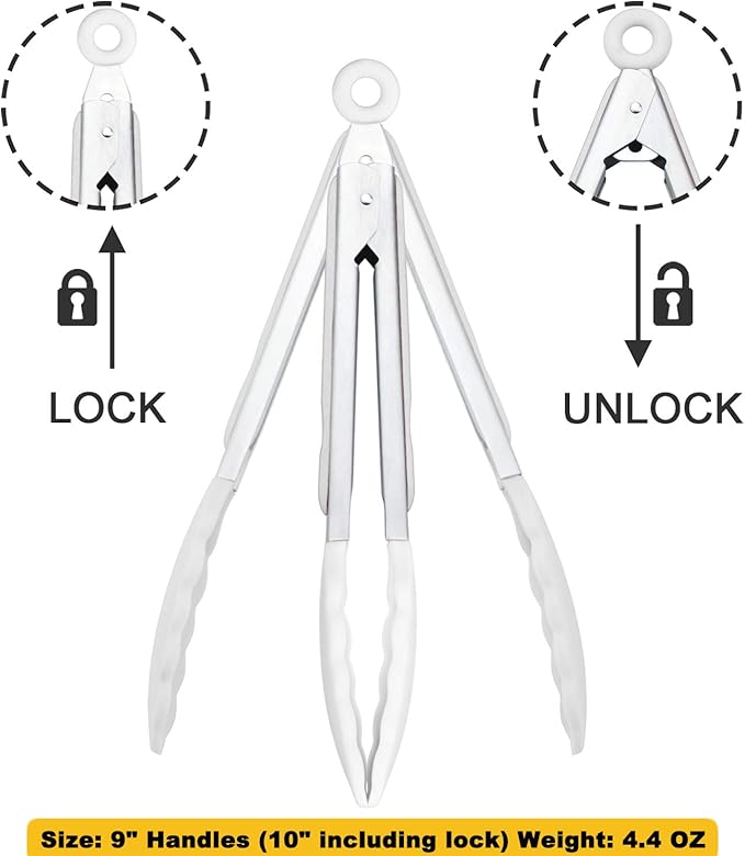 Silicone Kitchen Tongs 9-Inch Stainless Steel Basics Tongs with Non-Stick Silicone Tips, Set of 3 (White)
