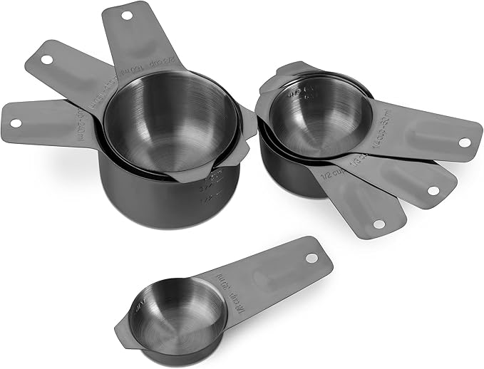 Set of 7 Heavy Duty Measuring Cups, 18/8 Stainless Steel with Ring Connector, Dark Grey