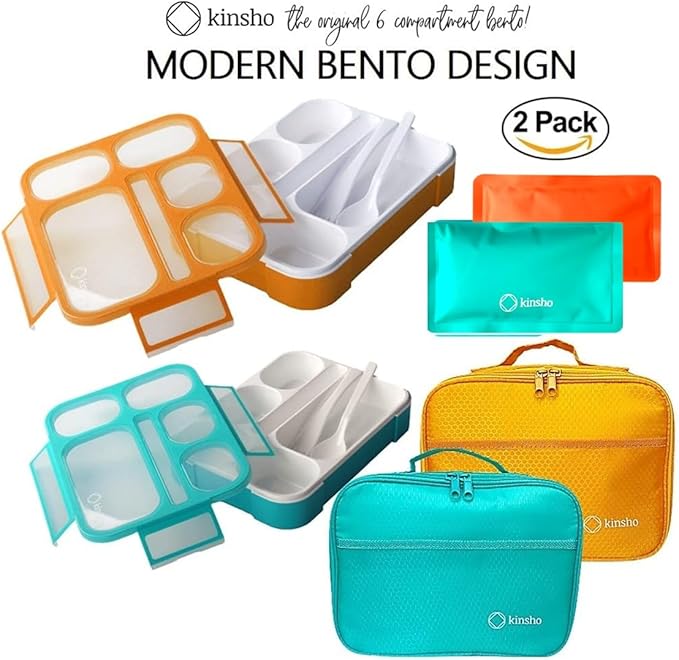 kinsho Bento Box with Lunch Bag and Ice Pack Set | Two Boxes, insulated Bags, Cold Packs for Kids Adults, Value Meal Containers for School Lunches or Snack, 6 Compartments BPA Free, Teal and Orange
