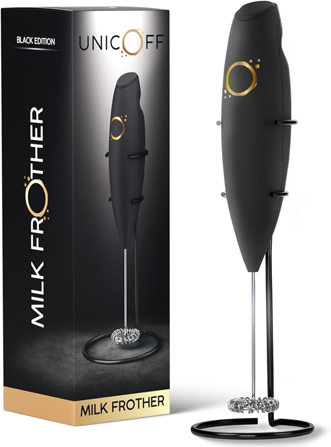 Milk Frother Matte Black - Coffee Frother Handheld with Electric Whisk - 19000 rpm - Book Recipes and Stainless Steel Stand Included - Hand Mixer Electric (Matte Black Onyx)