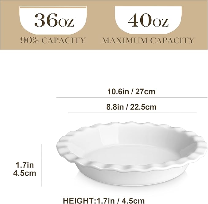 MALACASA Ceramic Pie Pan, Pie Pan for Baking 9 Inch, 40 OZ Pie Plate Round Pie Dish for Baking Fluted Pie Dish Baking Pan, Non Stick Deep Pie Dishes for Quiche, Apple Pies, Pot Pies, Tart, etc.