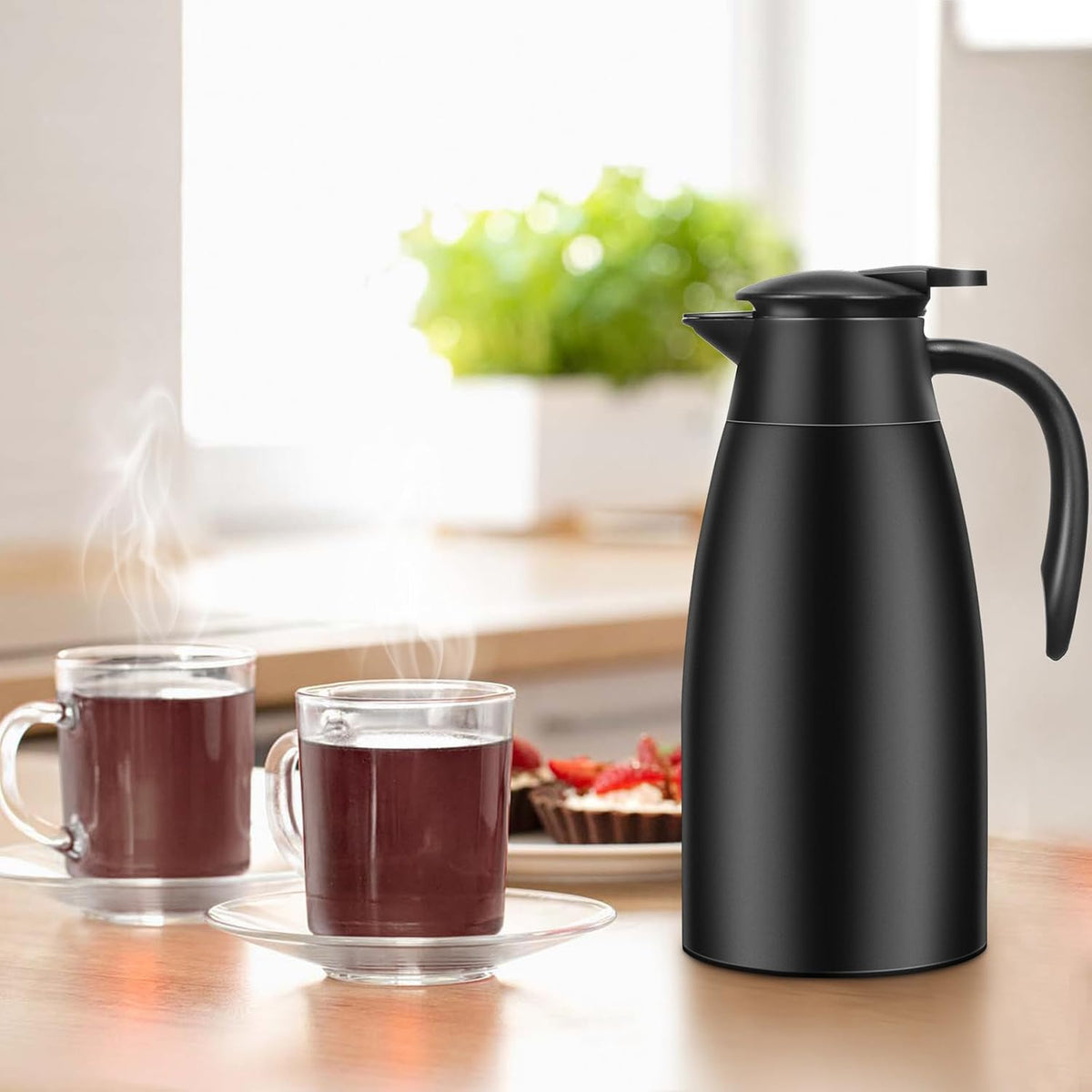1 PCS 68 OZ Thermal Coffee Carafe, Insulated Stainless Steel Coffee Carafe Double Walled Vacuum Thermal Pot Flask with Brushes Thermos for Keeping Hot Coffee Tea Home and Office (Black)