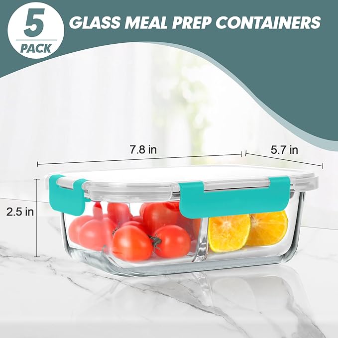 KOMUEE 30 oz 5 Pack Glass Meal Prep Containers 2 Compartments, Glass Food Storage Containers with Lids, Airtight Lunch Box, Microwave, Oven and Freezer Safe, Green
