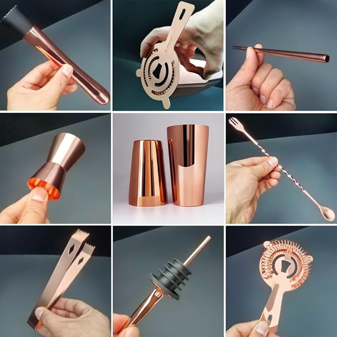 Professional Cocktail Shaker Set with Stand Cocktail Recipes, 15-Piece 750/600ml Bartender Kit, Bar Sets Bartending Kit Bar Tool Set 25/20oz Boston Shakers, Jigger, Muddler (Rose Gold)