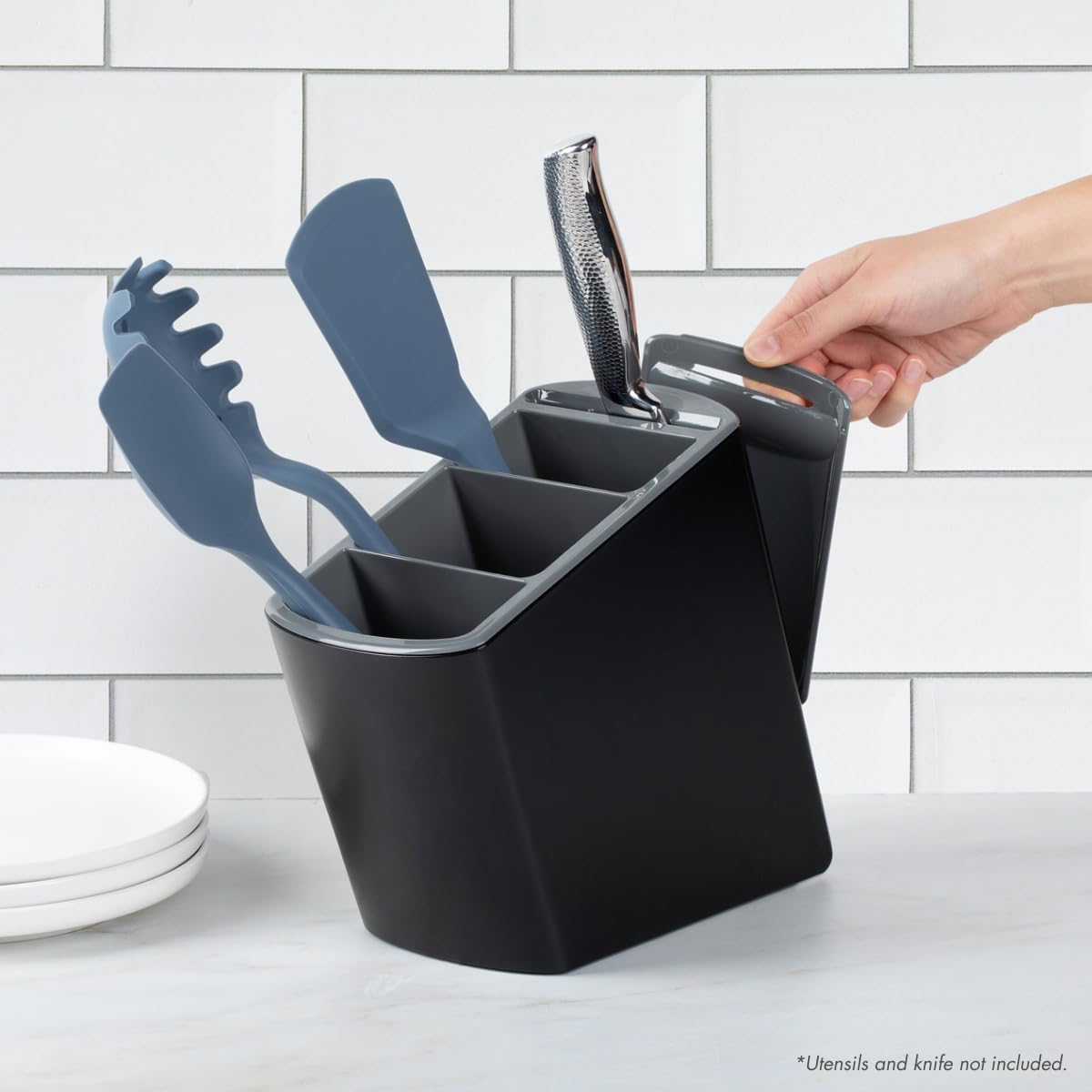 Angled Utensil Holder for Countertop | Modern Utensil Caddy Fits All Size Utensils with Knife Holder | Under Cabinet Kitchen Tool Organizer | Space-Saving Cooking Utensil Holder | Built-in Spoon Rest