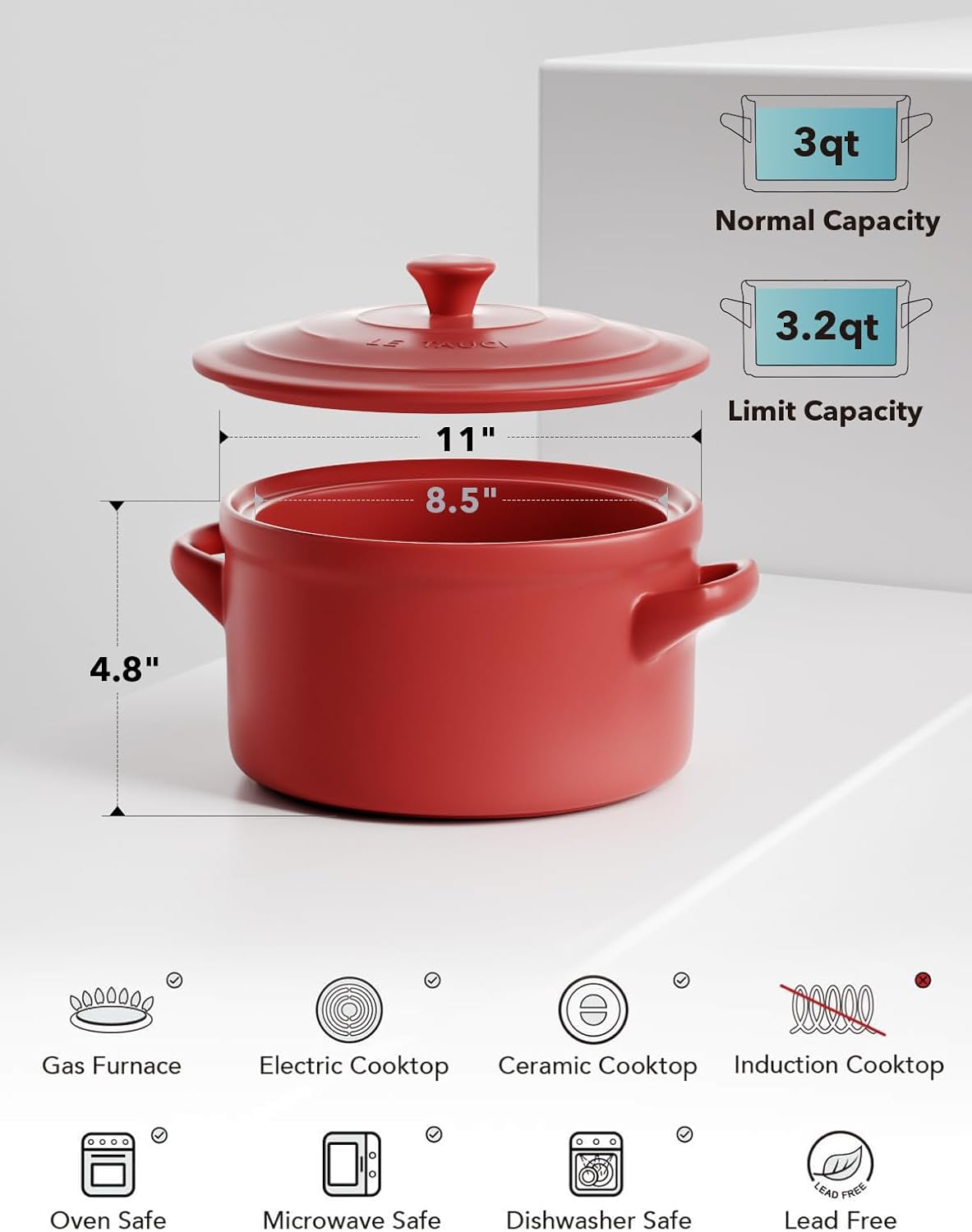 LE TAUCI 3 Quart Ceramic Dutch Oven - Lightweight, Non-Toxic, No Seasoning Needed- Oven, Microwave & Dishwasher Safe, Dutch Oven Pot with Lid for Sourdough, Soup & Stew, Chili Red