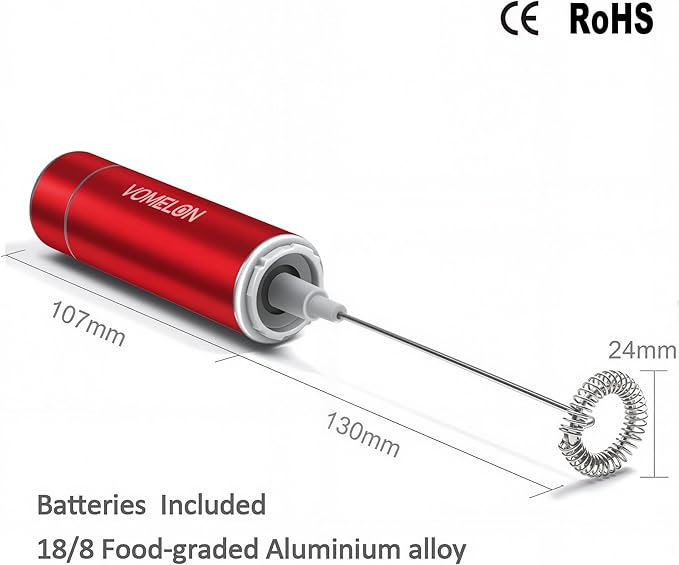 Milk Frother Handheld, Battery Operated Coffee Foamer Drink Mixer with 2 Stainless Steel Electric Whisks for Coffee, Latte, Cappuccino, Hot Chocolate, Protein， Batteries Included, Ruby Red