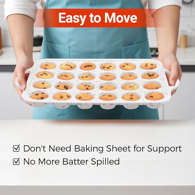 CAKETIME Mini Muffin Pan, Metal Reinforced Frame Mini Cupcake Pans 24 Cups Nonstick Muffin Silicone Molds with Handle for Baking Muffins, Cupcakes, Egg Bites 2 Pack